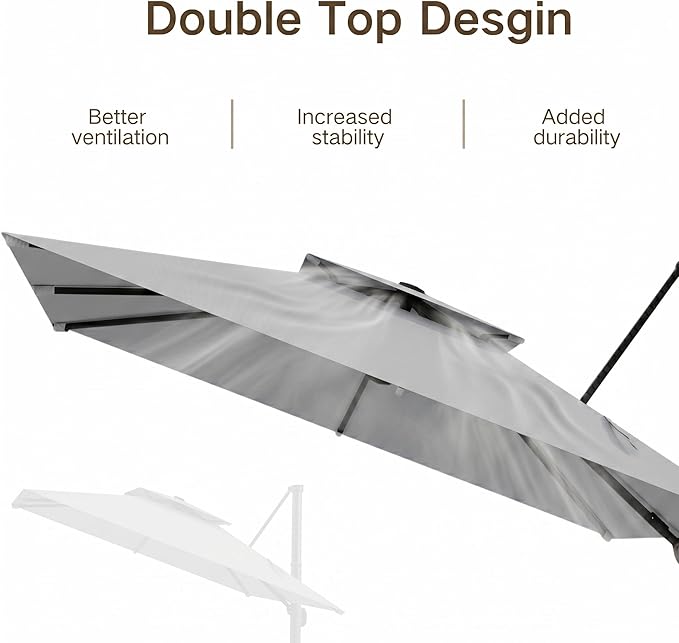 Kingdura Cantilever Patio Umbrella with Double Top Vent, Large Square Aluminum Outdoor Offset Umbrella with 360-degree Rotation, Infinite Tilt, UV Protection for Pool Deck Garden Patio