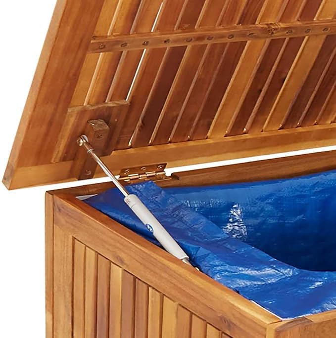 Outdoor Garden Storage Box with Wheels, Large 59 Inch Solid Acacia Wood Deck Chest for Patio, Backyard, Pool Cushions and Garden Tools, Natural Brown