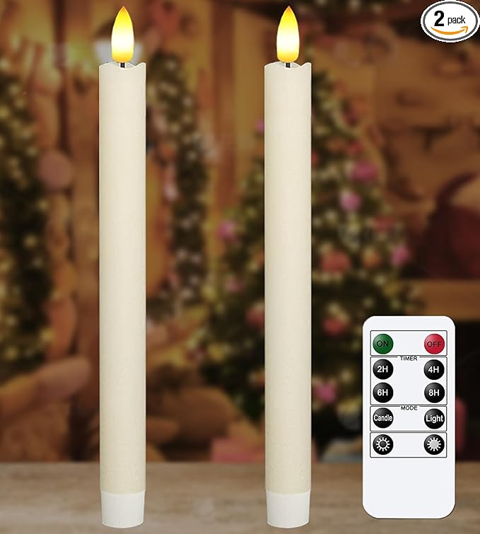 2 PCS Upgraded Real Wax LED Flameless Taper Candles with Remote, KSWING White Candlesticks Battery Operated 3D Flickering - 9.6” Long Realistic Fake Candle Sticks for Home/Wedding/Fireplace Xmas Decor