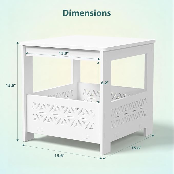 VINGLI Outdoor Side Table with Storage, 15.6" Square Resin Patio End Table, Weatherproof Rustproof Balcony Backyard Poolside Small Table (White)