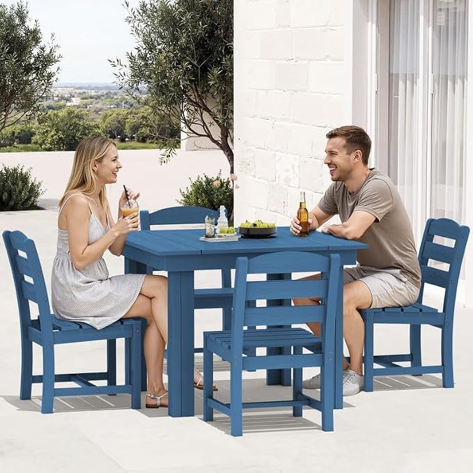 KINGYES 5-Piece HDPE Outdoor Dining Set for 4, Square Patio Table & Armless Chairs with Umbrella Hole, All-Weather Patio Dining Set for Backyard, Garden, Lawn & Poolside, Blue