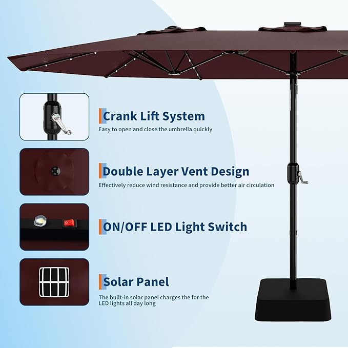 15FT Extra Large Double-Sided Patio Umbrella with Solar LED Lights – Heavy-Duty Rectangular Outdoor Market Umbrella, Fade-Resistant UV Canopy, Included Base for Backyard, Pool, Deck, Garden – Beige/Mist Blue