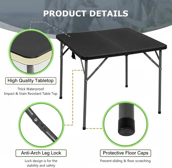 Outdoor 34" Folding Card Table Plastic Table Portable Square Height Dining Table Perfect for Picnics,Parties,Party and Camping