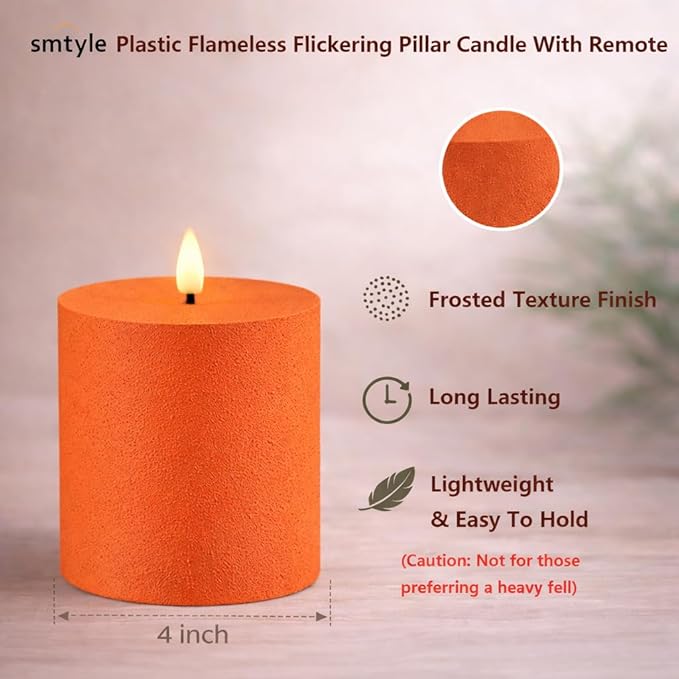 smtyle 4"X4" Orange Plastic Battery Operated Flickering Frosted Flameless LED Pillar Candles with Remote Set of 2 for Decor Home Ambience