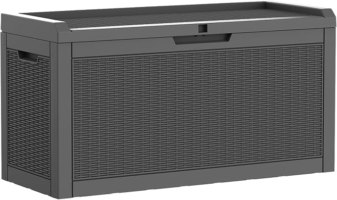Mars Villa 60 Gallon Outdoor Storage Bench, Deck Box Waterproof Outside Resin Storage Bin for Outdoor Patio Furniture Cushion, Pool Supply, Garden Tool, UV-Resistant and Weatherproof, Rattan Black