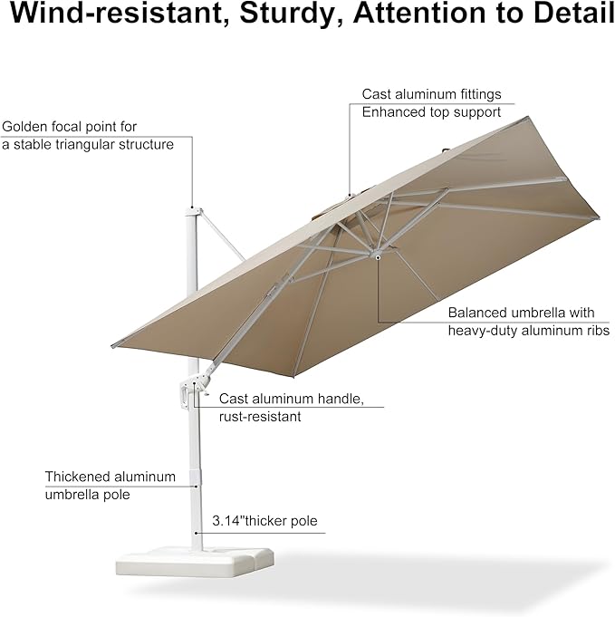 PURPLE LEAF 10 FT White Patio Umbrella Cantilever Outdoor Umbrella Aluminum Offset Square Umbrella Windproof with 360° Rotation for Deck Patio Balcony Beige