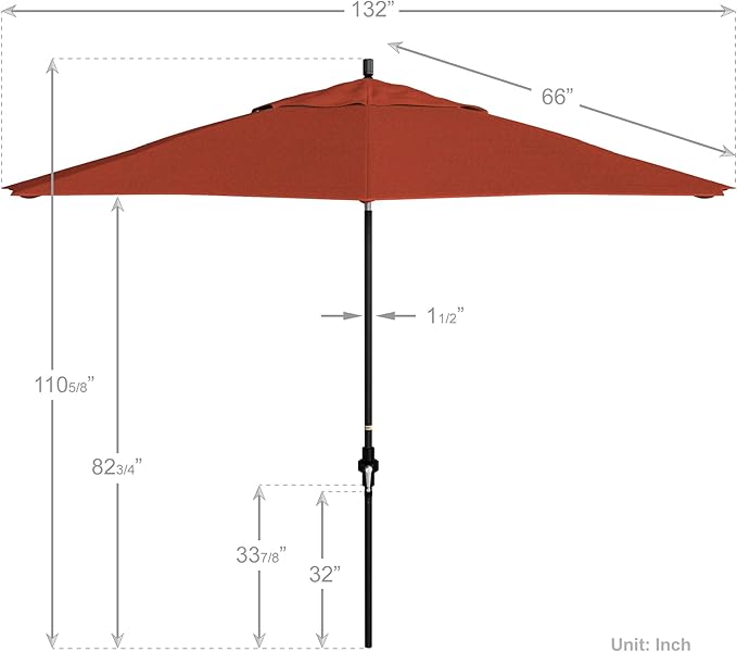 California Umbrella 11Ft Fiberglass Rib Patio Umbrella, Hand-Crank, Tilt-Collar, Black Frame, Solution Dyed Sunset Fabric