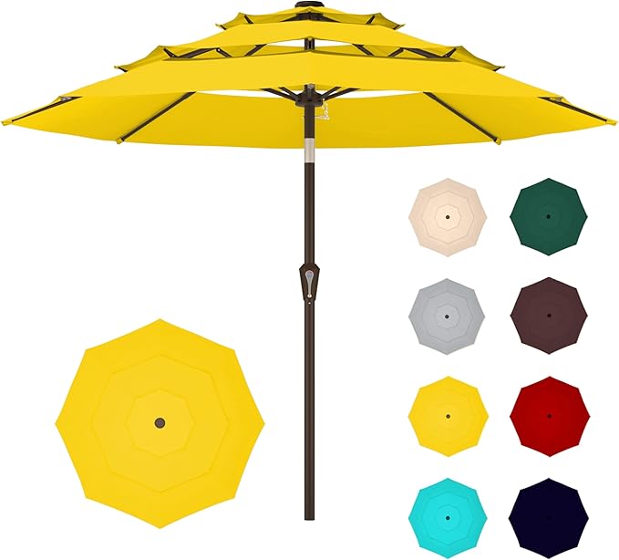 Ayge 9FT 3-Tier Large Outdoor Patio Umbrella Market Table Umbrella-UV Resistant,Easy Push Button Tilt and Crank,8 Sturdy Fiberglass Ribs Heavy-Duty Pool Umbrella for Deck,Backyard,Garden,Yard,Yellow