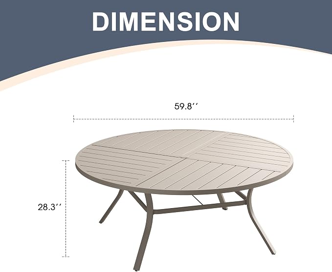 VICLLAX 60" Round Patio Dining Table for 8-10, All Weather Metal Outdoor Table with 1.57" Umbrella Hole and Surdy Frame for Garden Lawn Deck, Sandshell