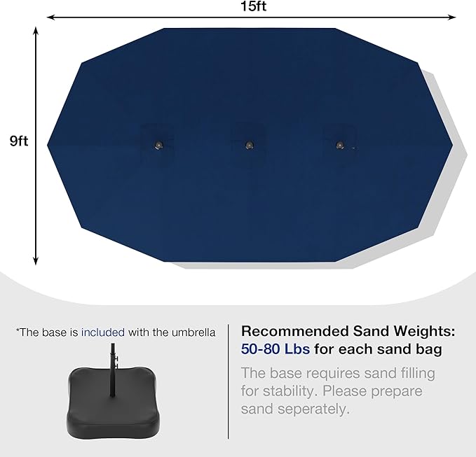 Joyside 15FT Large Patio Umbrella, Outdoor Double Sided Umbrella, Rectangle Umbrella with Crank Handle, 12 Sturdy Ribs for Deck, Porch and Pool