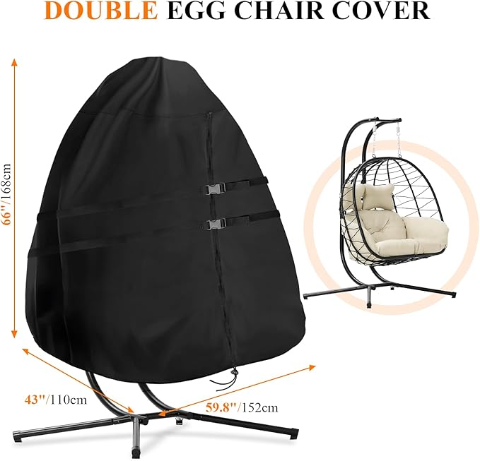 Egg Chair Cover Waterproof, 66x60 Inch Windproof Double Seat Wicker Swing Hanging Egg Chair Cover with Zipper and Buckles, 420D Heavy Duty, Anti-UV, Dust-proof, Black