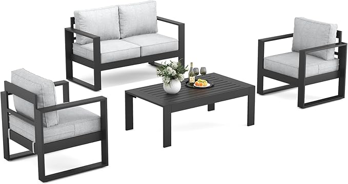 Outdoor Aluminum Furniture Set - 4 Pieces Modern Patio Conversation Sets Metal Sectional Sofa with Coffee Table