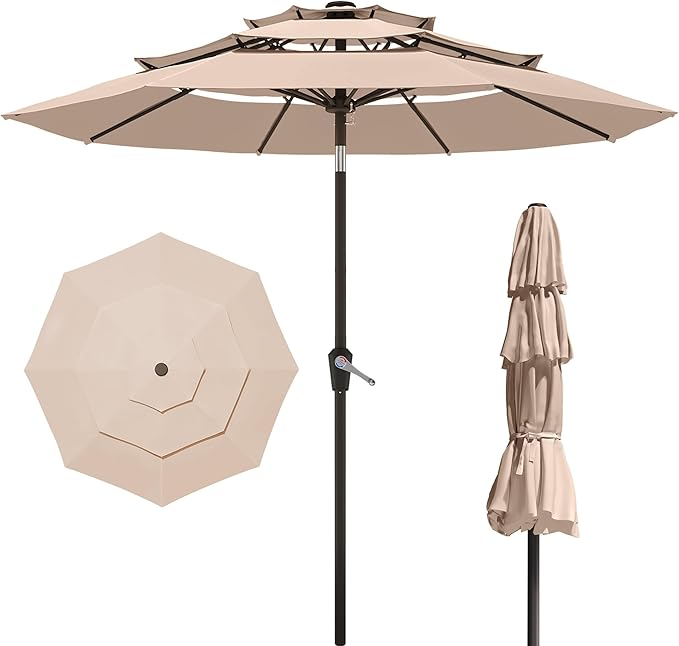 PatioKingdom 9ft 3-Tier Patio Market Umbrella with Crank/Tilt, Commercial Heavy Duty Wind Proof,Outdoor Table Umbrella with 8 Fiberglass Ribs,UPF50+ for Deck,Pool,Garden,Backyard (Beige)