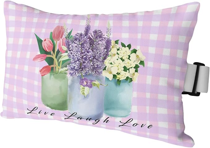 Outdoor Pillows Covers with Inserts Farmhouse Flower Floral Lavender Vase Pink Plaid Waterproof Pillow with Adjustable Strap Throw Pillows for Patio Furniture Recliner Lounge Chair, 11x16 inch, 1PCS