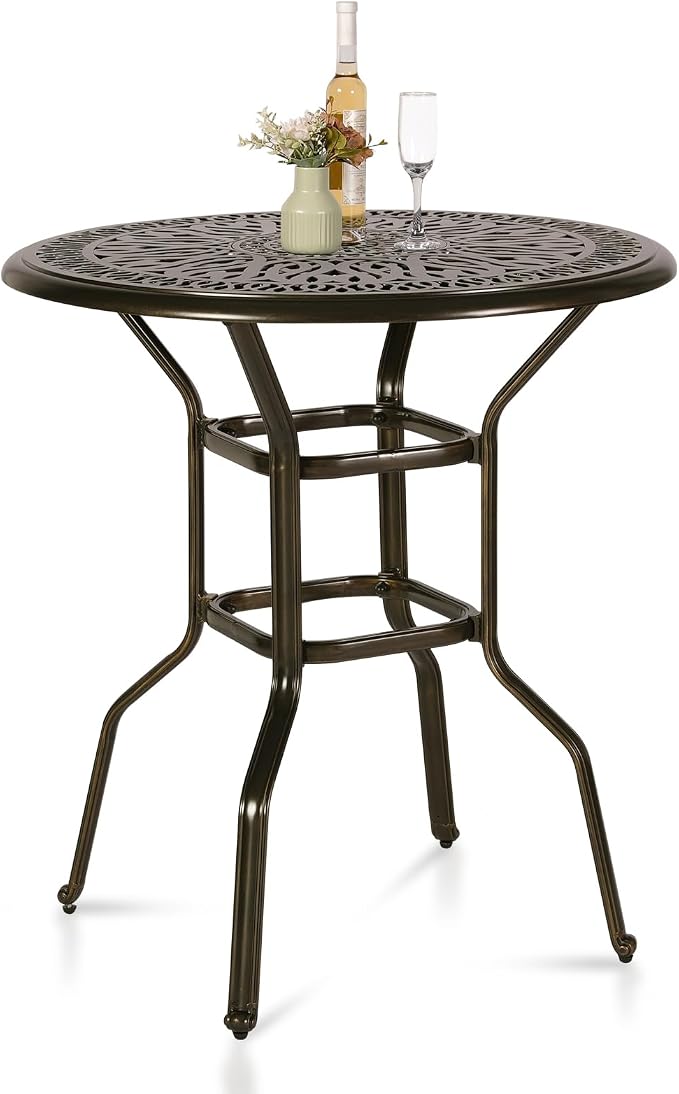 Cast Aluminum Patio Bar Table, 35.4" Outdoor Bar Height Bistro Table with 2" Umbrella Hole, Patio Bistro Round High Top Dining Table Pub Table for Porch Balcony Backyard, Dark Bronze