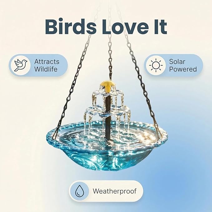 UZTK-2026 Solar Cascade Hanging Bird Bath Fountain, Solar Powered Outdoor Water Fountain for Hummingbirds, Decorative Bird Bath Shower Bowl Kit for Garden Yard Patio Backyard (Purple Double Layer)