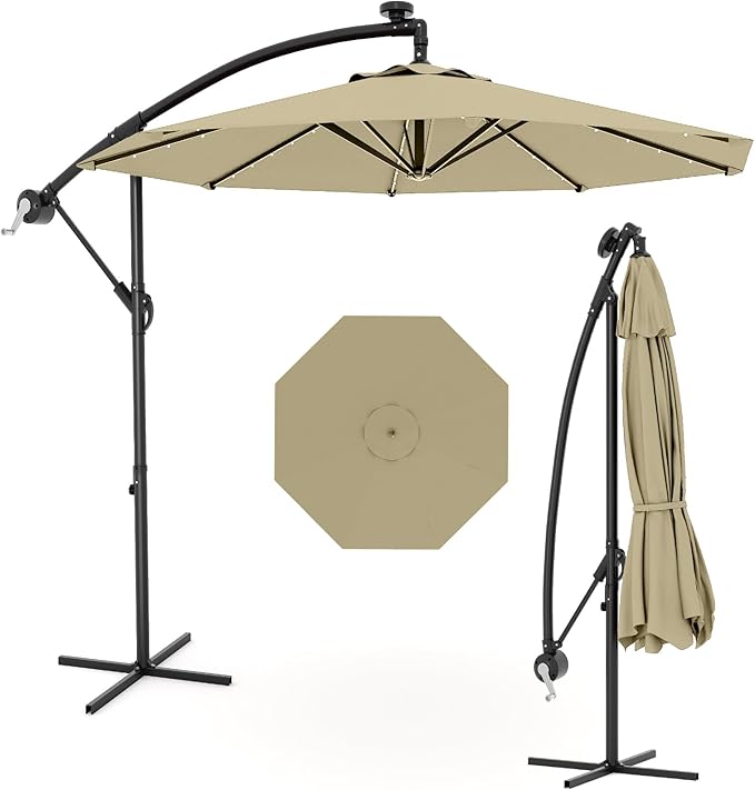 10FT Cantilever Patio Umbrella with Solar LED Lights - Heavy Duty 2-Tier Square Aluminum Offset Outdoor Umbrella, 360° Rotation for Poolside, Backyard, Deck Outdoor Use, Tan