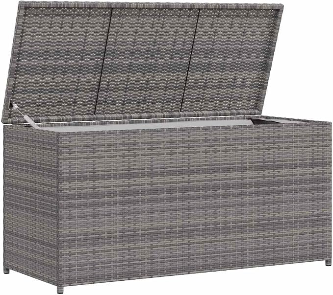 PE Rattan Garden Storage Chest with Lining, 47.2x19.7x23.6 Inches, Gray, for Patio Cushions and Blankets