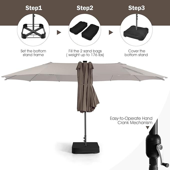 Giantex Large Outdoor Umbrella Double-Sided, 48 Solar Lights, Auto-Charging Solar Panel, Extra Large Patio Umbrella with Base and Crank, Outdoor Market Umbrellas for Poolside Garden