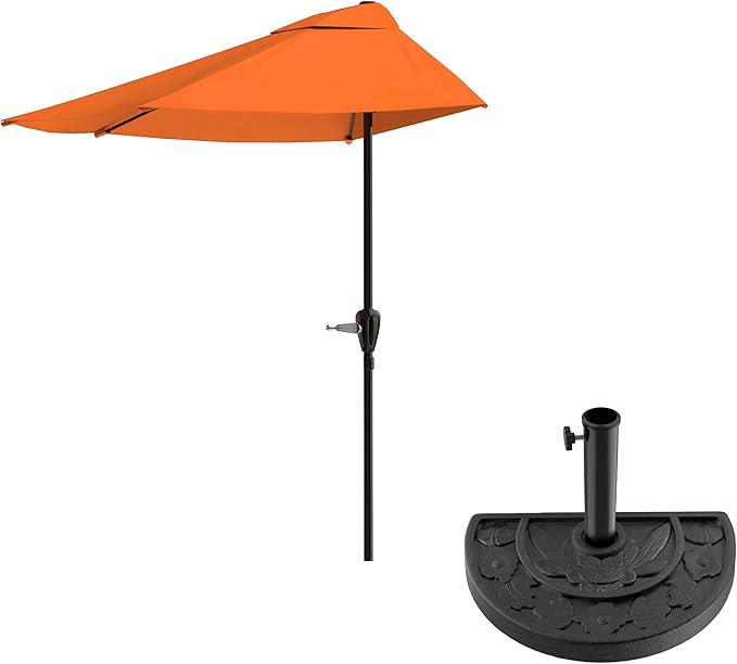 Half Umbrella Outdoor Patio Shade - 9 ft Patio Umbrella with Easy Crank and 20lb Weighted Base - Small Canopy for Balcony, Table, or Deck by Pure Garden (Terracotta)
