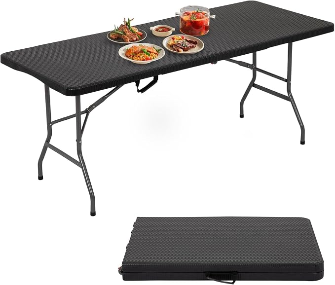 6FT Folding Table, Heavy Duty Plastic Table Portable Fold-in-Half Utility Table Indoor Outdoor Picnic Table w/Handle & Lock for Camping BBQ Party Wedding Market Events, Black Ratten