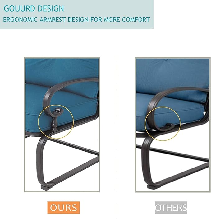4 Pcs Outdoor Wrought Iron Furniture Patio Conversation Set with Glider Loveseat, 2 Spring Chairs, and Coffee Table (Peacock Blue)