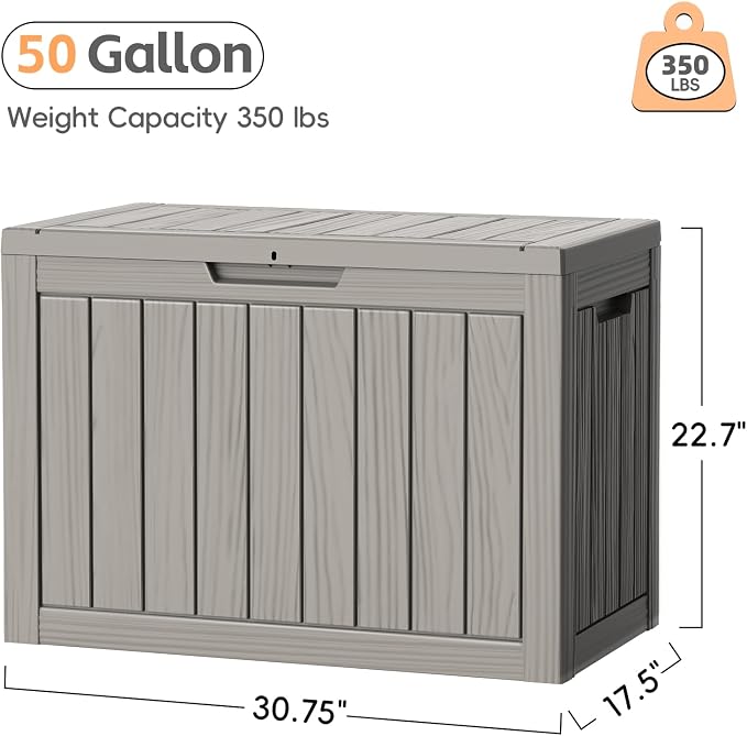 LubanNese Outdoor Storage Box, 50 Gallon Waterproof Resin Deck Box, Storage Bin for Package Delivery, Patio Furniture Cushion, Garden Tools, Pool Accessories, Weatherproof and UV Resistant, Grey
