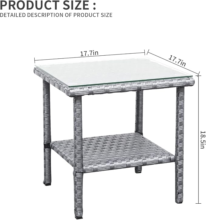 Valita Outdoor Wicker Glass Top Side Table - Patio Rattan Square End Table with Storage, Grey