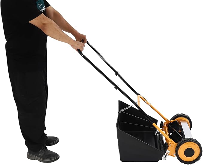 Lawnmower, Wheeled Lawn Mower, Hand Push Lawn Mower, Manual Lawn Mower, Adjustable Cutting Height Push Mower Manual, Walk-Behind Lawn Mowers, Rotary Mower, 2 Wheels, Easy to Use (14" Orange, Black)