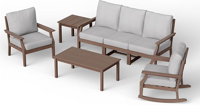HDPE Patio Conversation Set, 7-Piece All Weather Outdoor Furniture Set with 1 Single Rocking Armchairs for Deck, Lawn, with Cushion, Brown