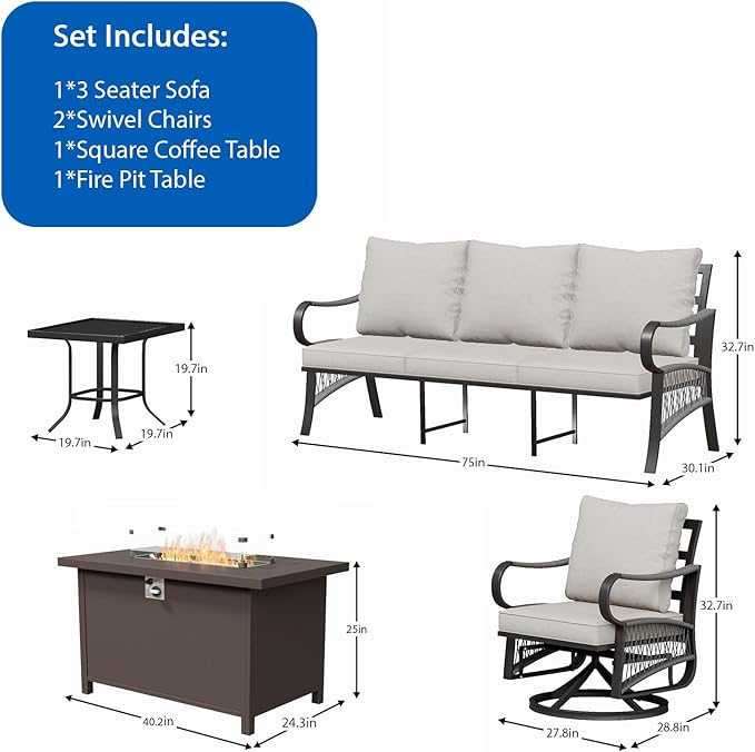 5 Piece Patio Furniture Set with 50000 BTU Propane Fire Pit Table, All Weather Outdoor Conversation Set with 2 Swivel Chairs, Sofa and Thick Cushions for Garden, Porch, Lawn, Beige