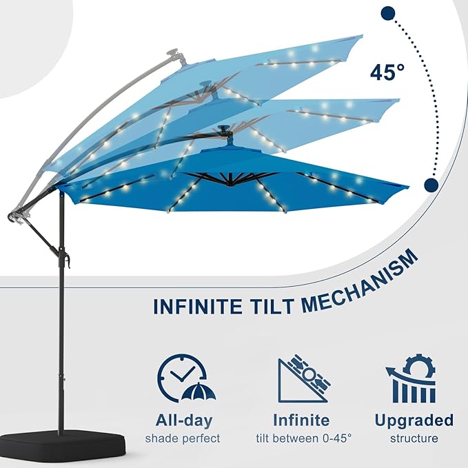 10FT 40-LED Solar Lighted Patio Umbrella with Base Included, Outdoor Offset Cantilever Umbrella, Infinite Tilt, UV Protection for Backyard, Lawn, Garden & Pool