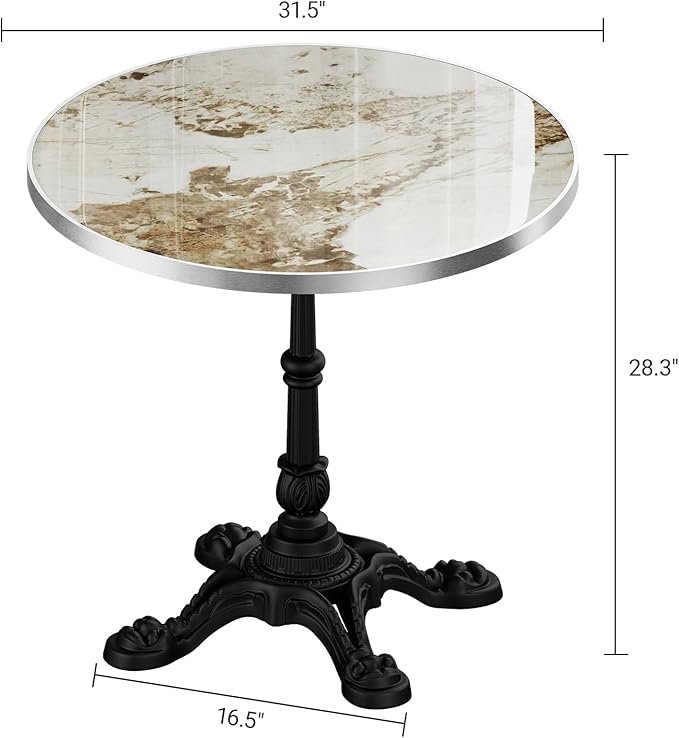 SSLine 31.5" Round Sintered Stone Dining Table, Pandora Marble Top Bistro Table with Heavy-Duty Cast Iron Base, Waterproof Tulip Table for 2-4 Person,Indoor/Outdoor Use for Patio,Cafe,Restaurant