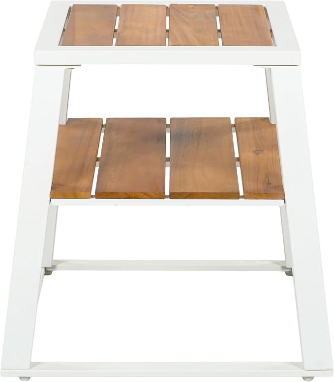 Christopher Knight Home Tova 2-Tier Acacia Wood Outdoor Side Table, Decorative Square Small Accent Table with Slatted Design, Weather Resistant Patio End Table with Iron Frame for Balcony, Teak+White