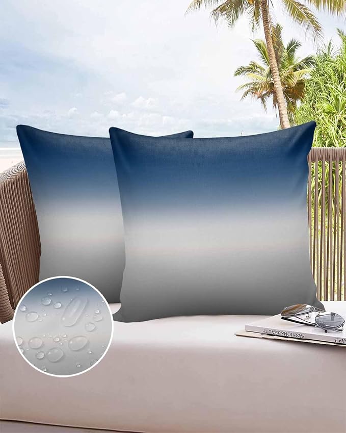 Outdoor Waterproof Throw Pillow Covers Set of 2 Blue Grey Ombre Pillowcases 24x24 Inches Gradient Gradual Color Patio Decorative Pillows Cushion Case Patio Pillows for Couch Bed Chair Garden