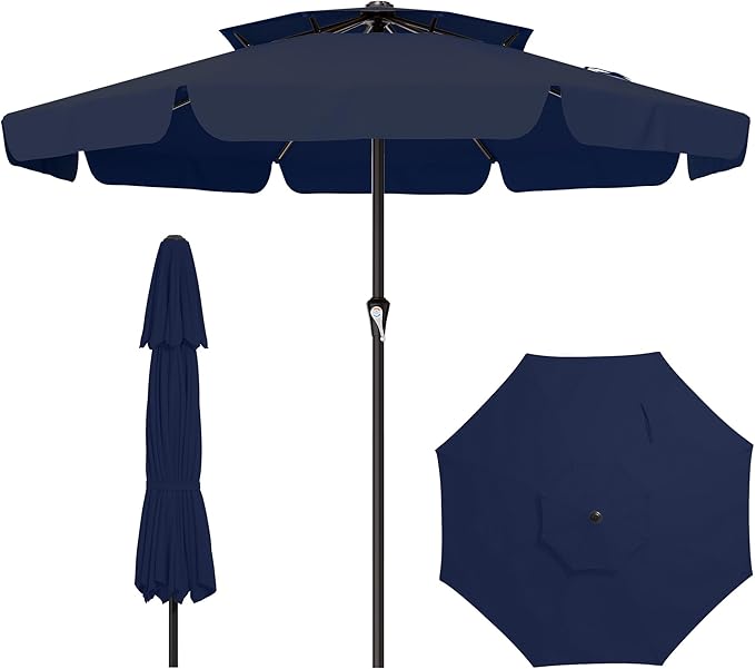 AreShark 12ft 2-Tier Patio Umbrella with Valance - Outdoor Umbrella Waterproof UV Protection, Market Table Umbrella w/ 8 Sturdy Ribs&Crank for Pool, Backyard, Garden(Navy)