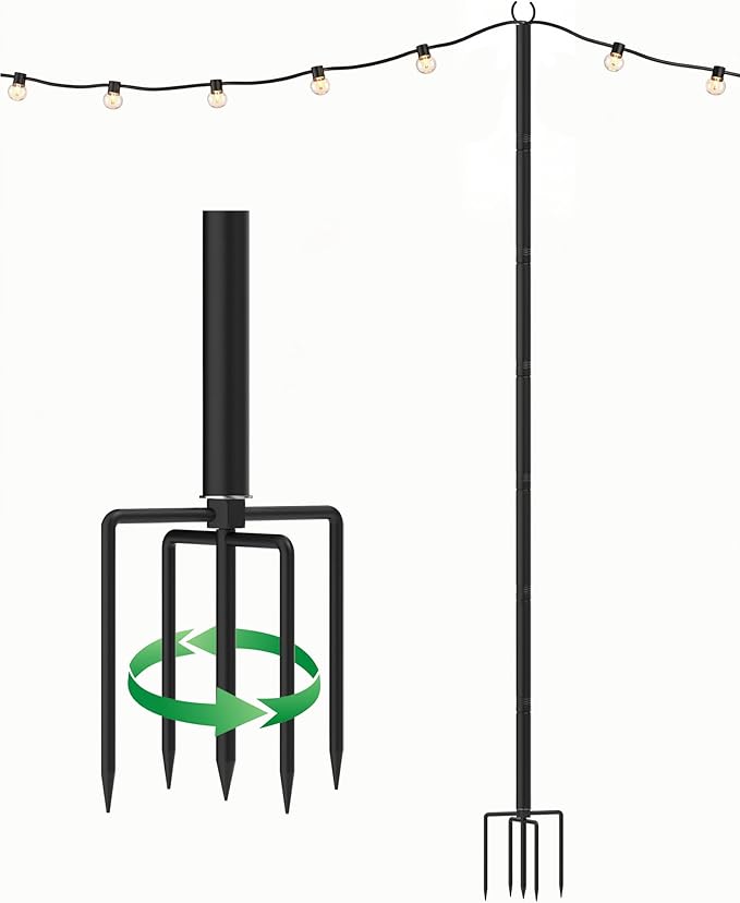 LAND·VOI Outdoor String Light Poles 1 Pack, Heavy Duty String Light Poles for Outside with 5-Prong Base & Adjustable Height, Perfect for Backyard, Patio, Garden, Fence and Party Decor
