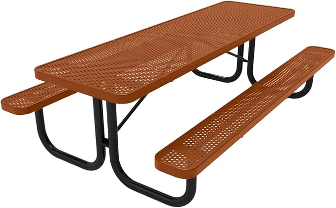 COATEDOUTDOORFURNITURE Heavy-Duty Portable Outdoor Picnic Table, Thermoplastic Coated Punched Steel Commercial-Grade Patio Dining Furniture Made in America (8ft Rectangular, Textured Copper)