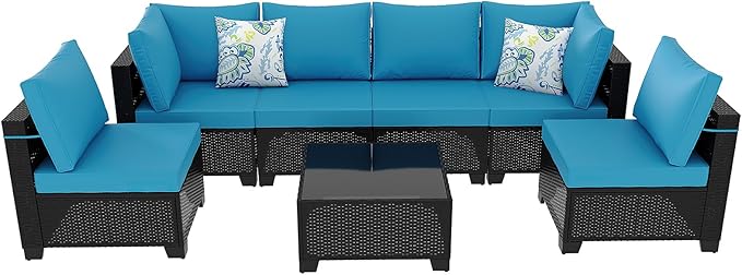 7 Pieces Patio Furniture Set, Outdoor Sectional Rattan Sofa Set, Wicker Patio Conversation Set with Cushions and Glass Coffee Table, for Balcony, Porch, Garden, Coffee and Peacock Blue