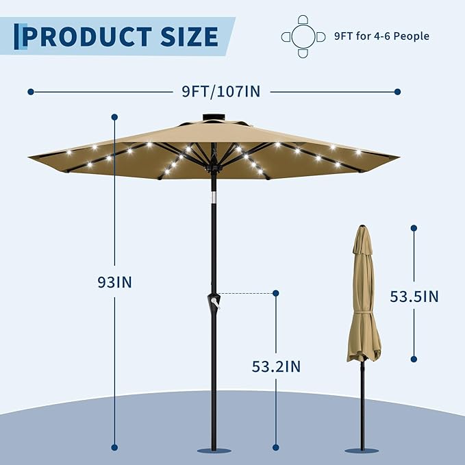 Garvee 9FT Solar Patio Umbrella with 32 LED Lights - Outdoor Table Umbrella with Crank Lift, Push Button Tilt and 8 Sturdy Ribs - Market Umbrella UV Protection for Pool, Deck, Yard, Garden -Tan