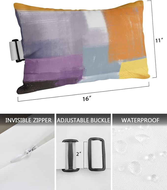 Outdoor Pillows Covers with Inserts Abstract Painting Art Style Purple Orange Grey Yellow Waterproof Pillow with Adjustable Strap Throw Pillows for Patio Furniture Recliner Lounge Chair, 11"x16", 1PCS