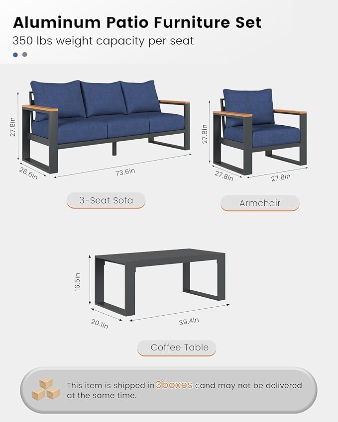 Aluminum Patio Furniture Set, 4 Piece Metal Outdoor Furniture Set with 6″ Thick Washable Cushions & Coffee Table, All Weather Patio Conversation Sets for Yard, Poolside, Garden (Navy Blue)