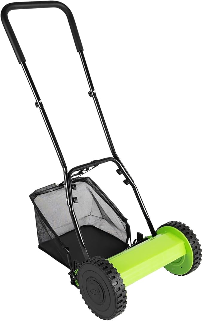 12" 5 Blade Push Reel Lawn Mower, Manual Lawn Mower Walk-Behind Lawn Mowers with 6-Gallon Grass Catcher, 0.47-1.77inch Adjustable Cutting Height for Yard, Garden