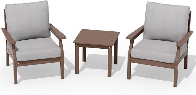 HDPE Patio Conversation Set, 3-Piece All Weather Outdoor Furniture Set with 2 Single Sofas for Deck, Lawn, with Cushion, Brown