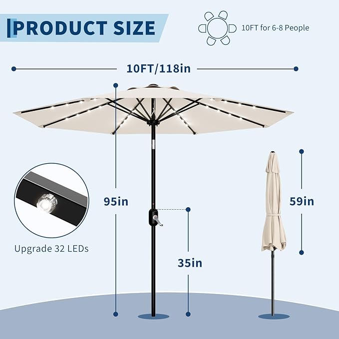 Garvee 9/10 FT Solar Patio Umbrella with 32 LED Lights - Outdoor Table Umbrella with Crank Lift, Push Button Tilt and 8 Sturdy Ribs - Market Umbrella UV Protection for Pool, Deck, Yard, Garden