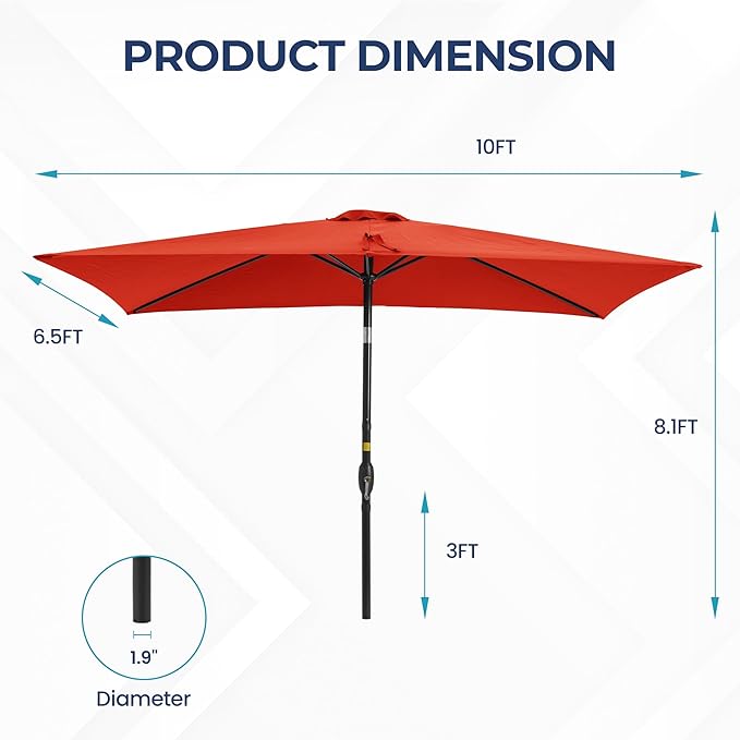 SUNVIVI OUTDOOR Patio Umbrella, Rectangular Patio Umbrella, Metal Pole Square Outdoor Umbrella with Crank and Push Button Tilt, Large Outdoor Umbrella with Polyester Canopy