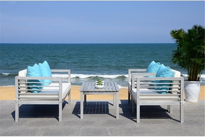 SAFAVIEH Outdoor Collection Alda Grey Wash/ White Cushions/ Light Blue Pillows 4-Piece Conversation Patio Set
