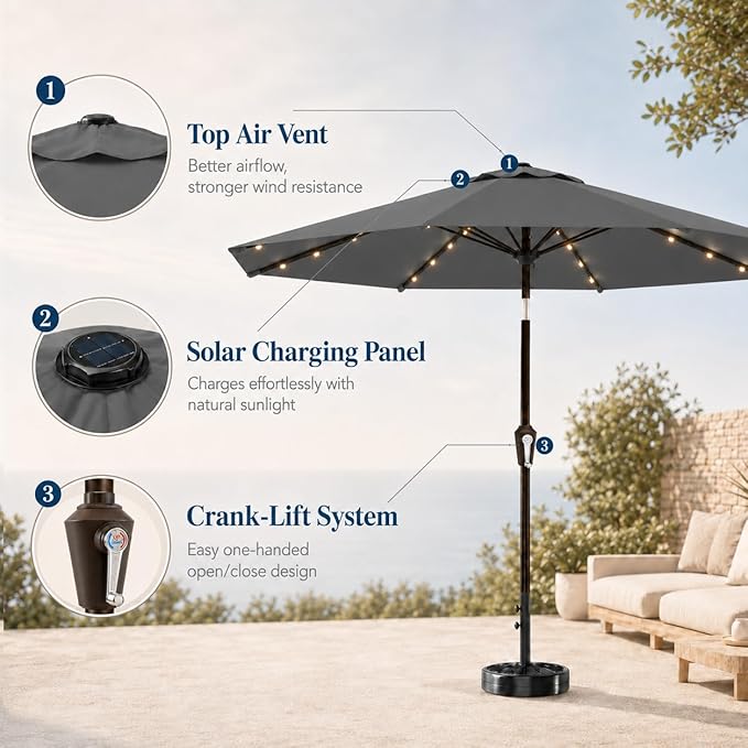 10FT Solar Patio Umbrella with Lights, Outdoor Table Market Umbrella with 32 LED Lights, 8 Sturdy Ribs, Push Button Tilt and Crank for Pool, Deck and Garden, UV-Resistant