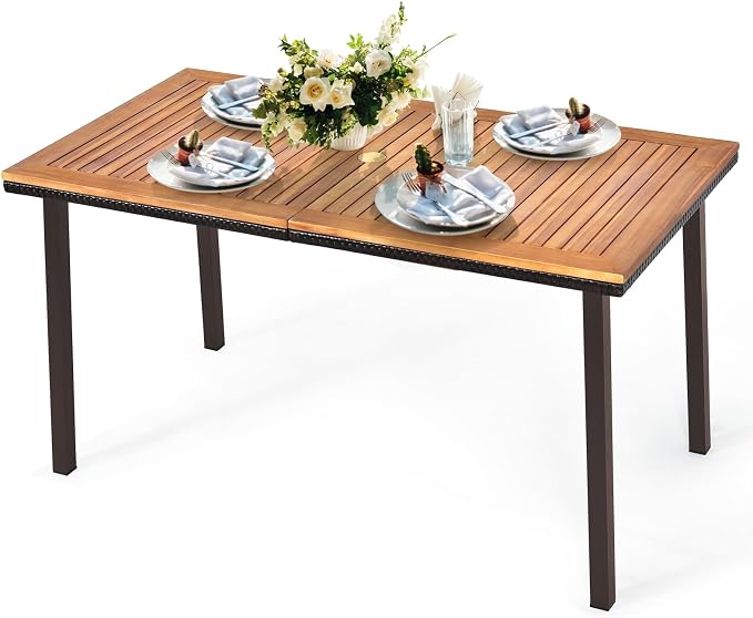 SlickBlue 55" Outdoor Acacia Dining Table with Umbrella Hole for Garden Patio
