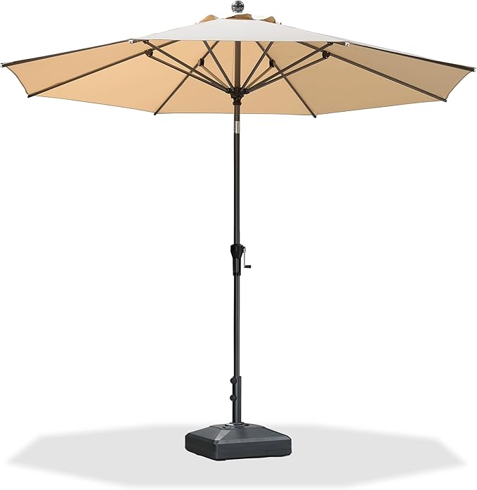 PURPLE LEAF 10' Round Patio Market Umbrella with Base Outdoor Table Umbrellas Aluminum Frame Sun Shade with 8 Sturdy Ribs Tilt for Garden Deck Lawn Pool Beige